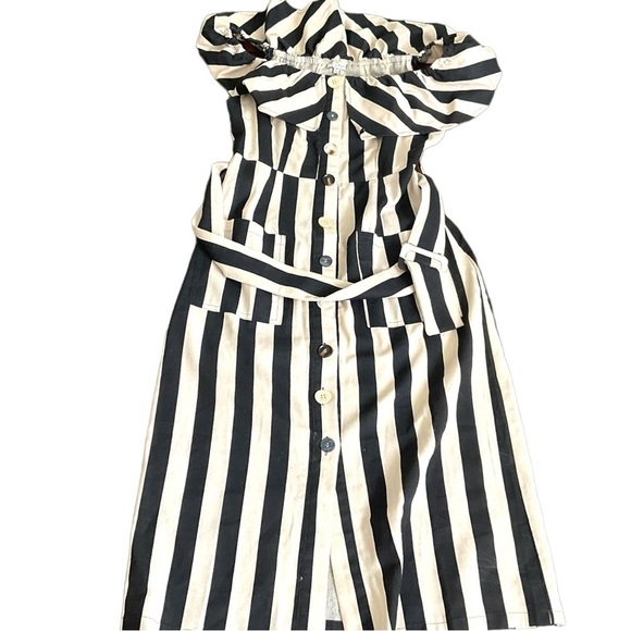 Moon River Black Tan Stripe Linen Cotton off the shoulder Dress Pockets SZ M - Picture 9 of 11